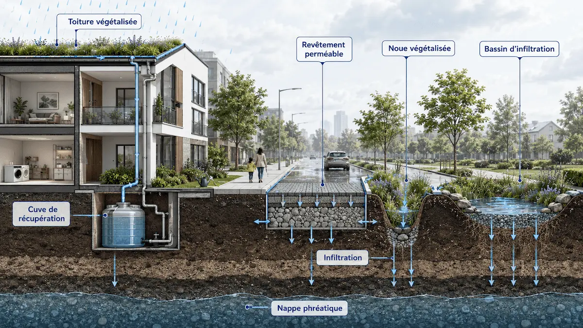 Coupe technique d'un quartier résidentiel pour exprimer le principe de la gestion intégrée des eaux pluviales