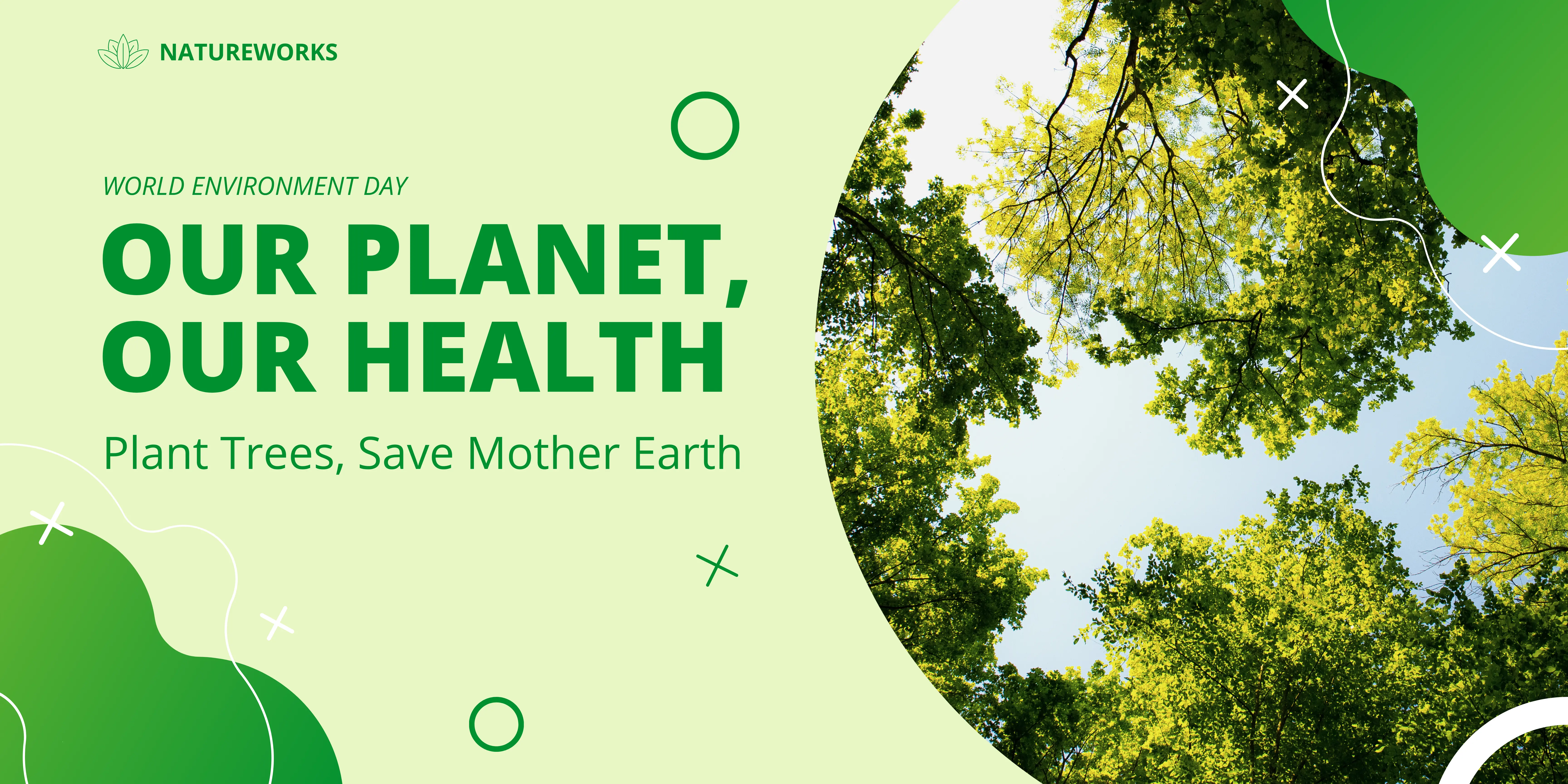 Natureworks website with tagline "Our Planet, Our Health" with an image of a forest beside it.