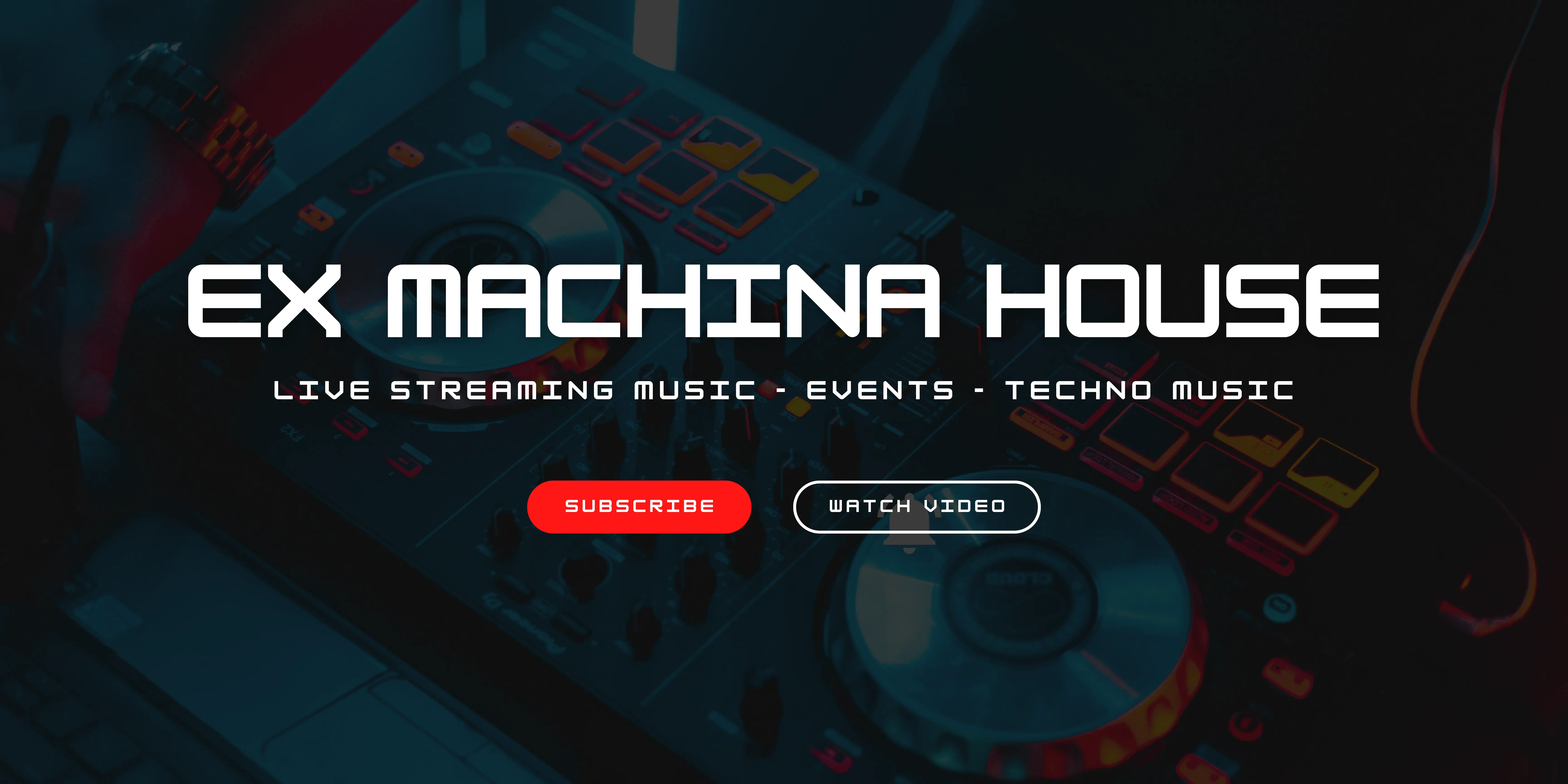 Ex Machina House's music website with an image of a DJ table in the background.