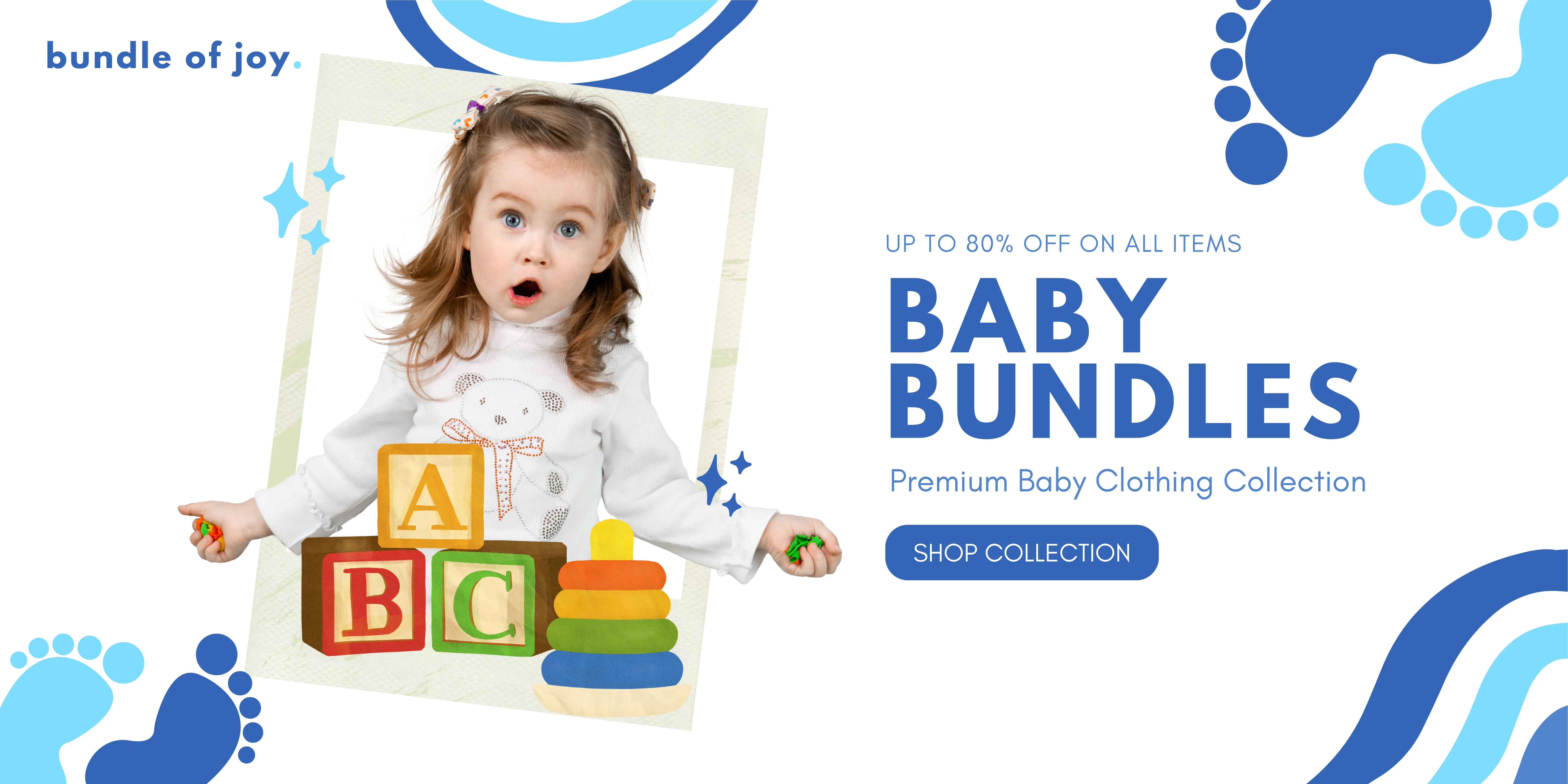 Bundle of Joy website featuring Baby Bundles Products with an image of a baby girl beside it.