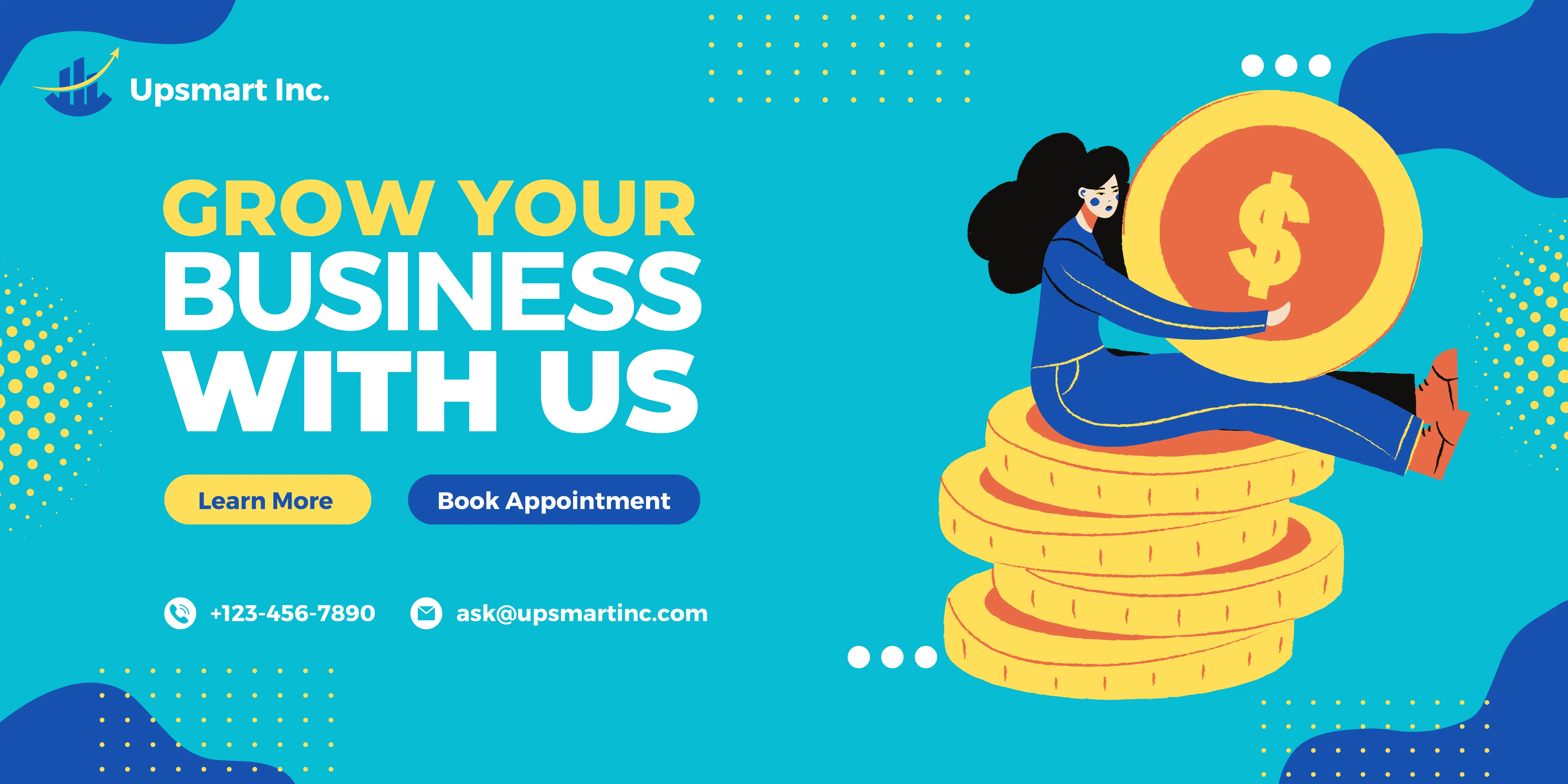 UpSmart Inc.'s website with tagline, "Grow your Business with us" with an illustrated image of a woman surrounded by gold coins.