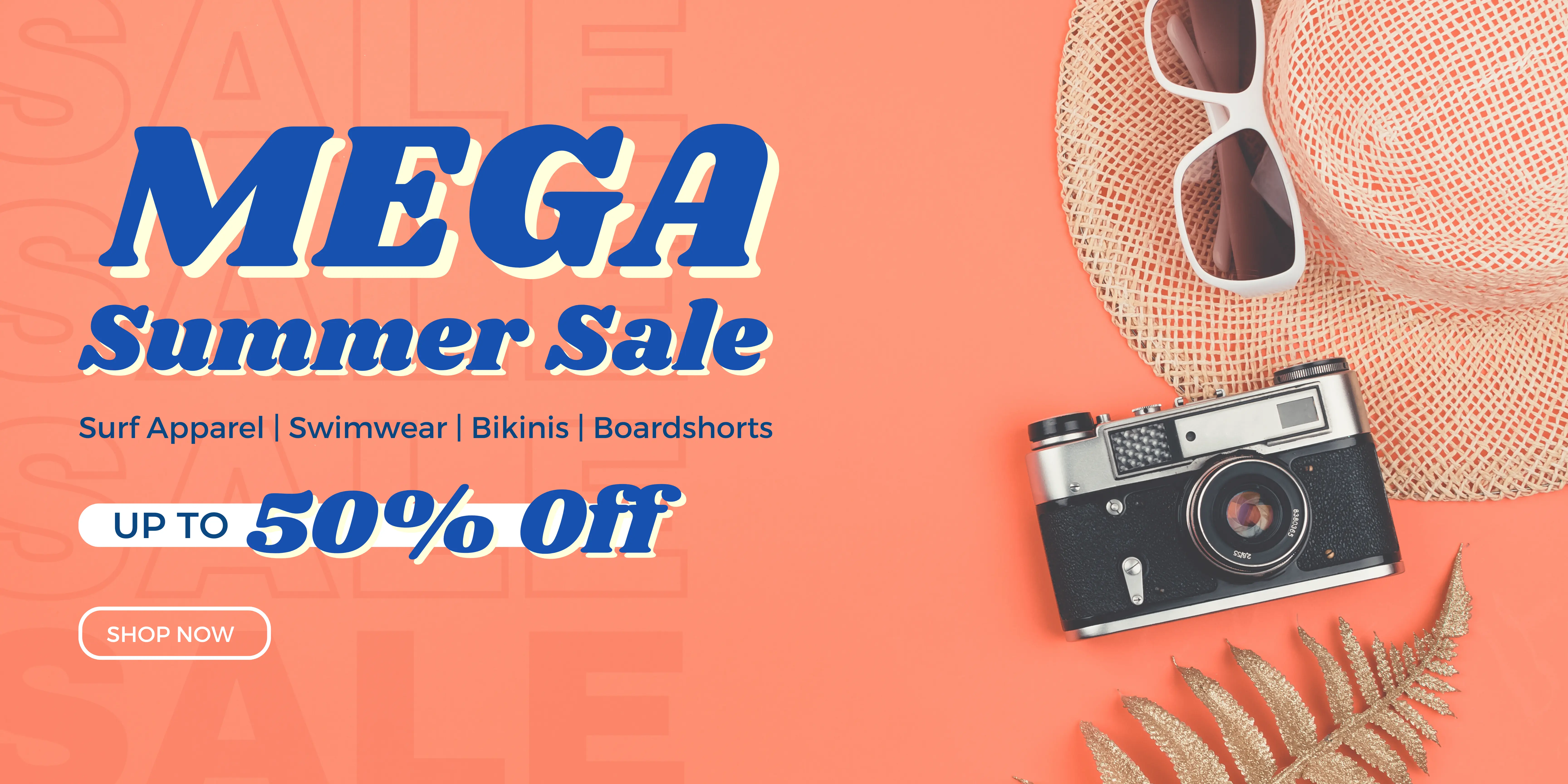 Mega Summer Sale Website banner with discounts up to 50% Off.