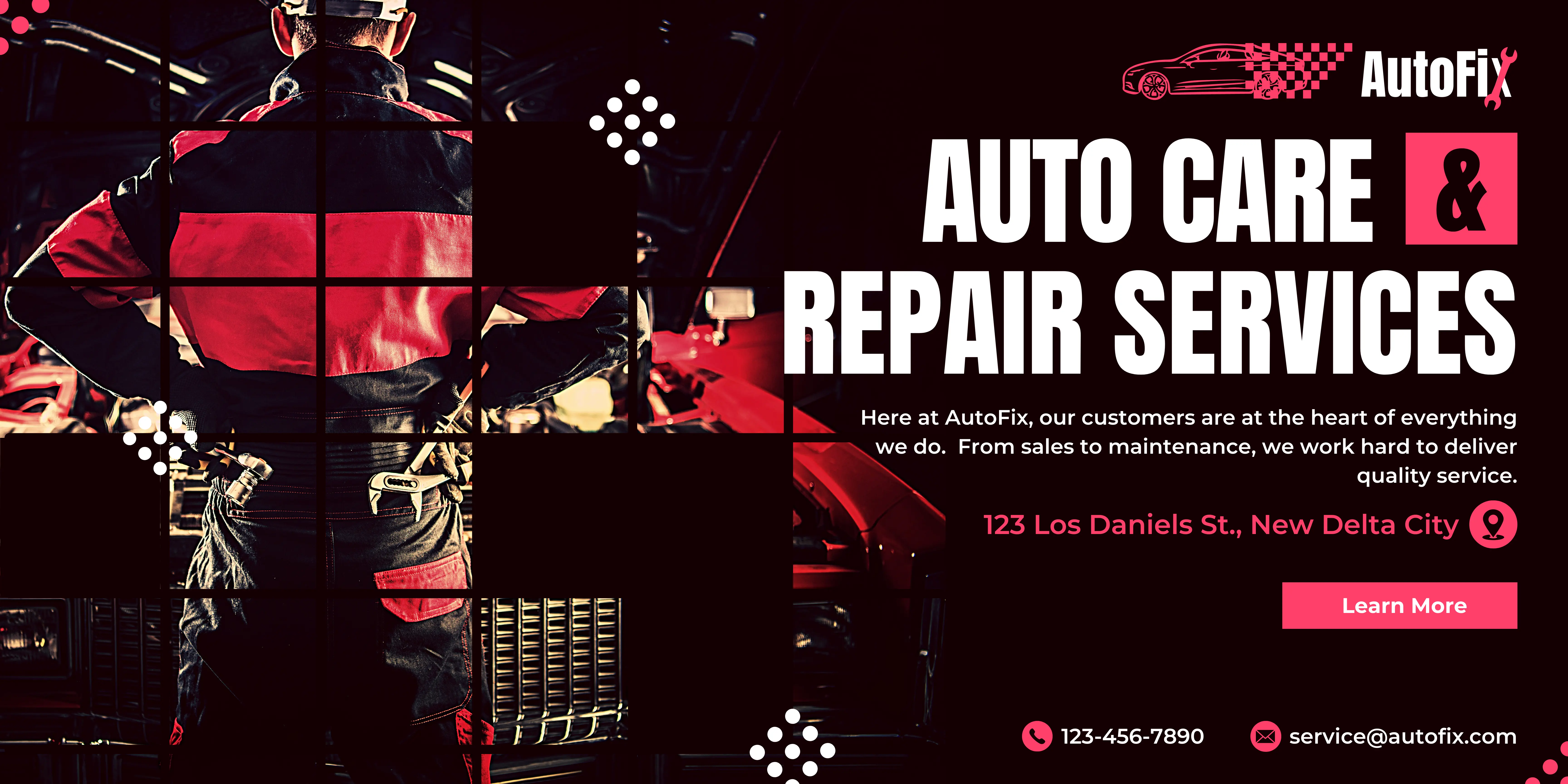 Auto Fix's Auto Care and Repair Services with an image of a man standing in front of a car.