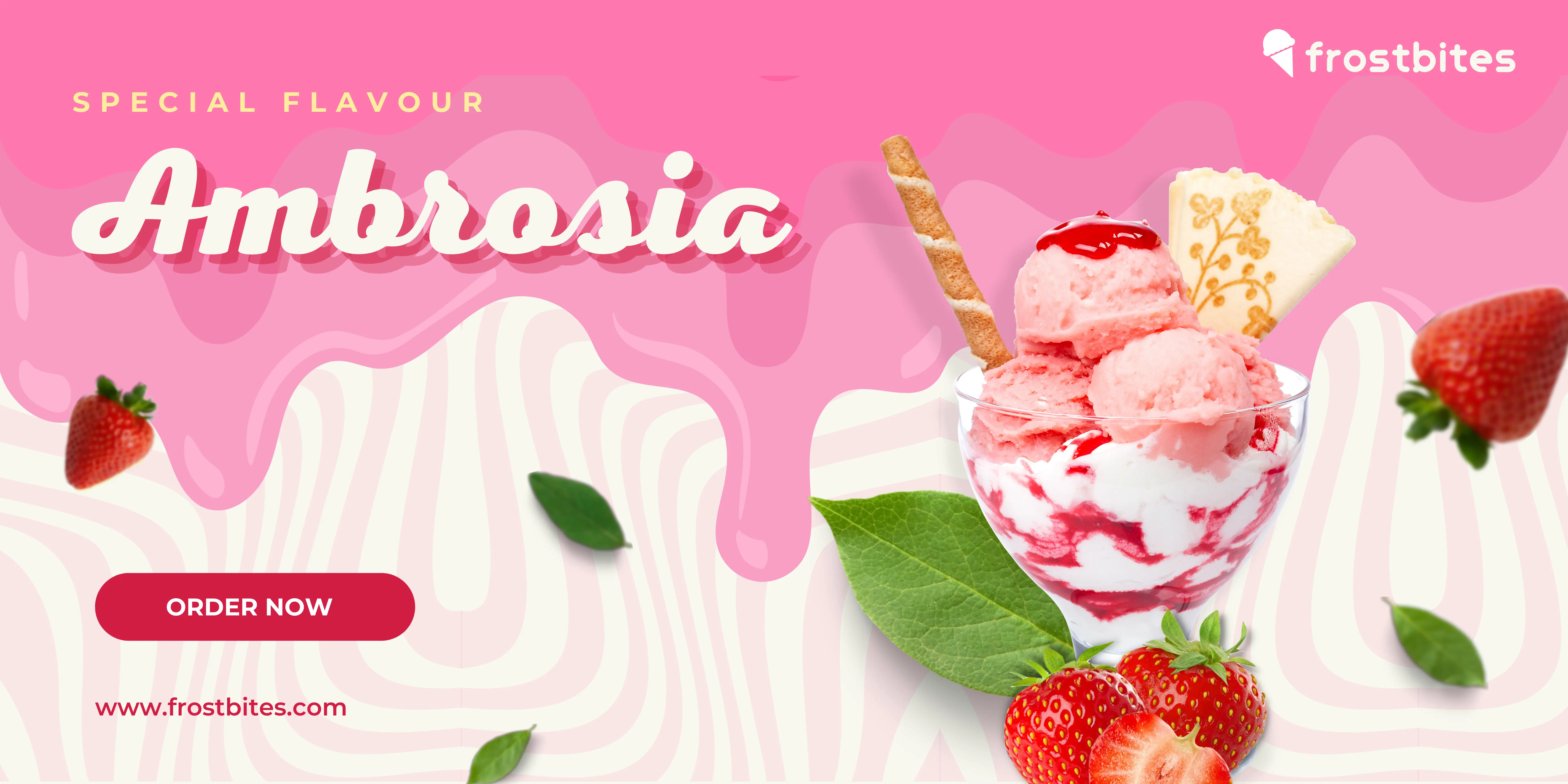 Frostbite's featured product, "Ambrosia", a strawberry-flavored ice cream with images of an ice cream and strawberries.