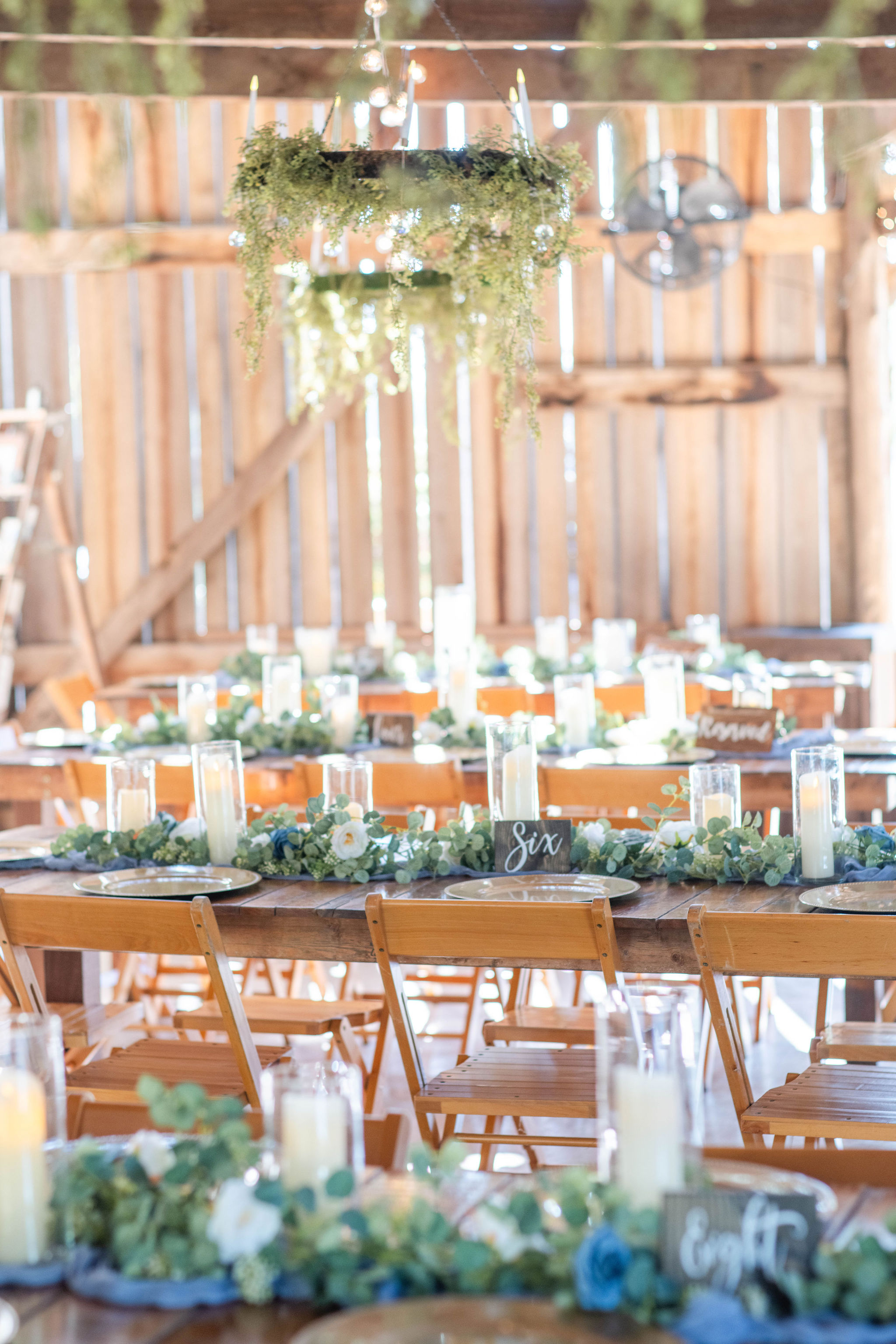 Wedding reception decorated to Hannah & Michael's vision by The Barn at Cedar Grove team.