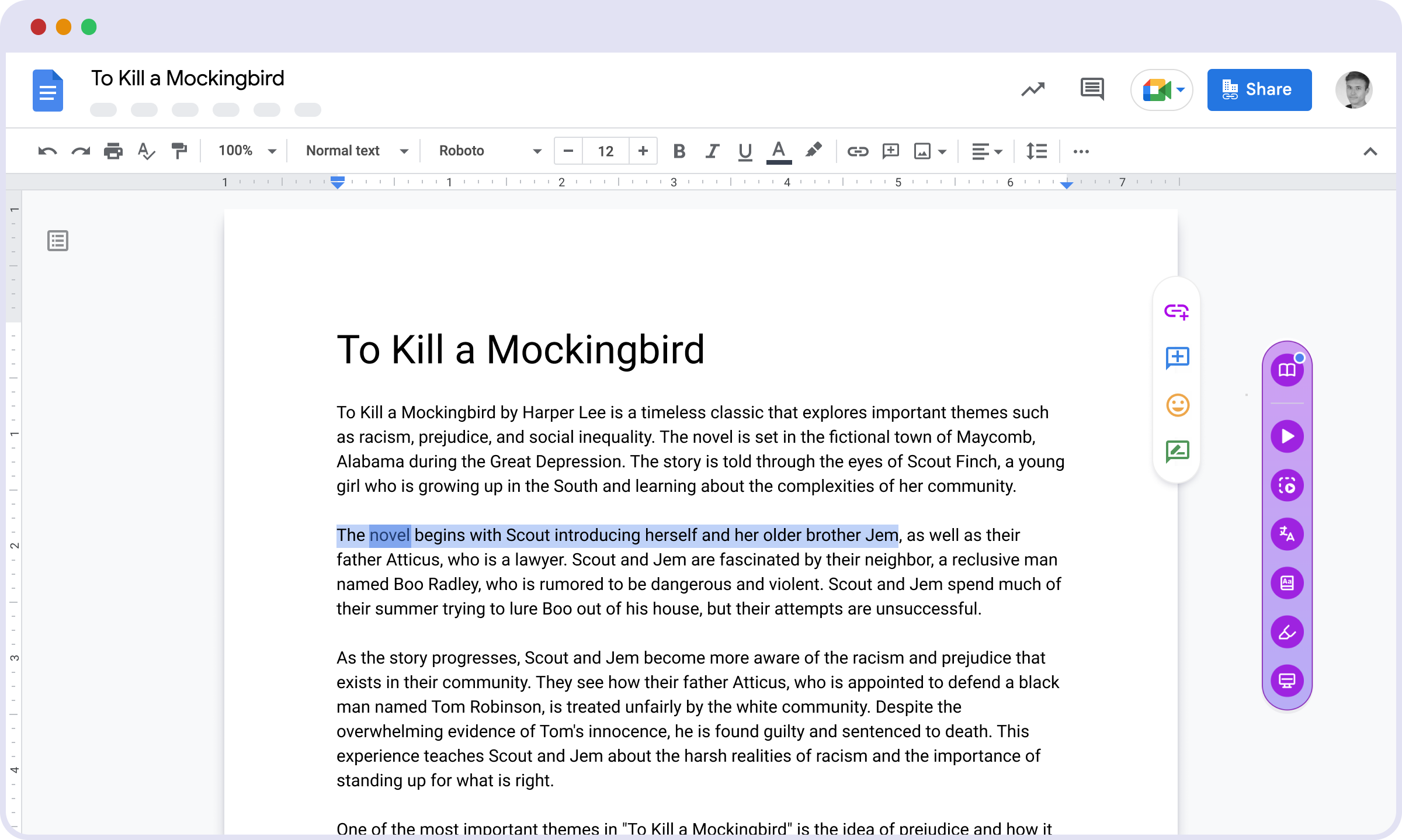 The Mote Sidebar open beside a Google Doc, showing Read Aloud, Speech to Text, Translation and Writing Review