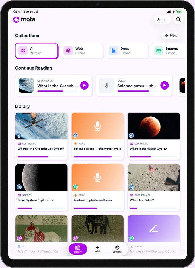 Mote for iOS on an iPad, showing the Library of saved reading and voice notes