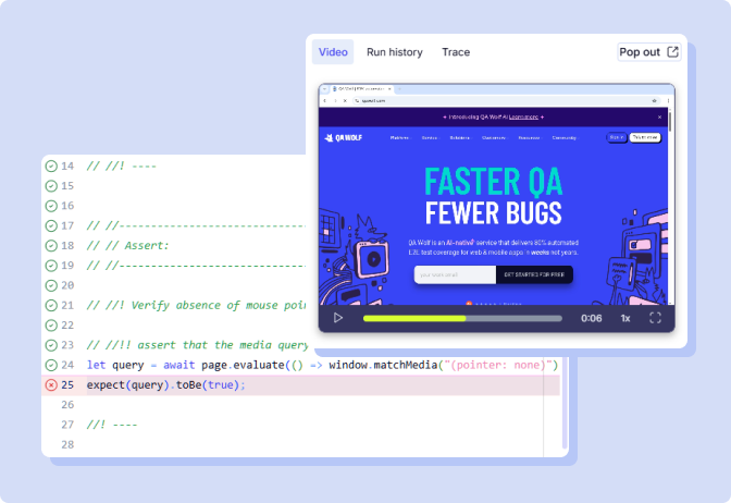 Graphic showing the test replay and code highlighting where it errored.