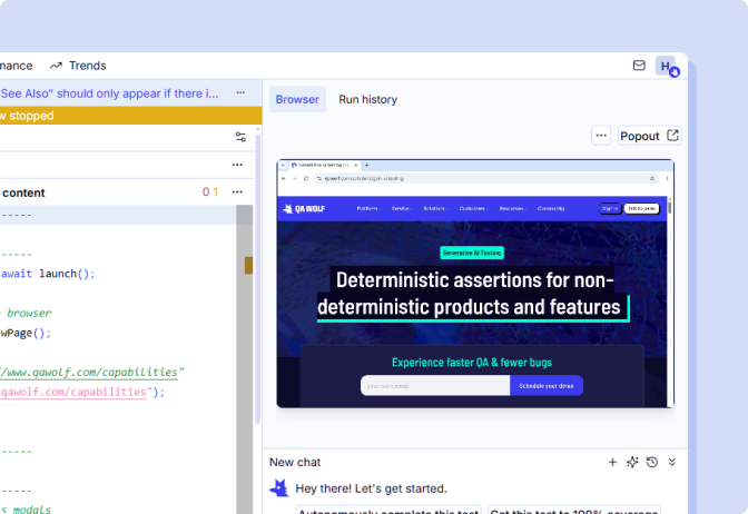 Screenshot of a test automation interface with code on the left and a browser preview showing QA Wolf's website on the right.