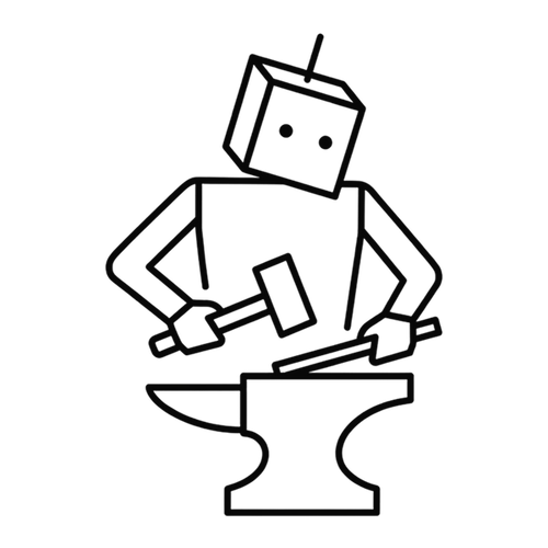 Line drawing of a robot blacksmith forging metal on an anvil with a hammer.