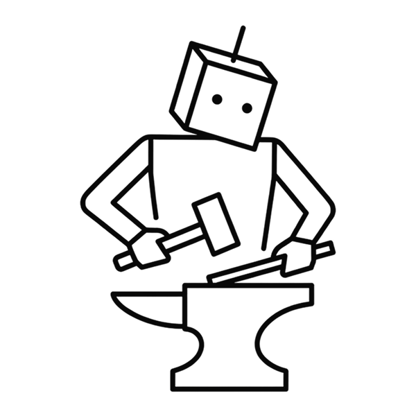 Line drawing of a robot blacksmith forging metal on an anvil with a hammer.