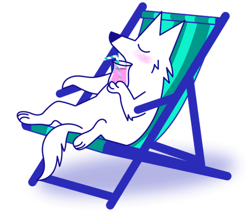 Illustration of a white wolf relaxing on a green-striped lounge chair while drinking a pink beverage through a straw.