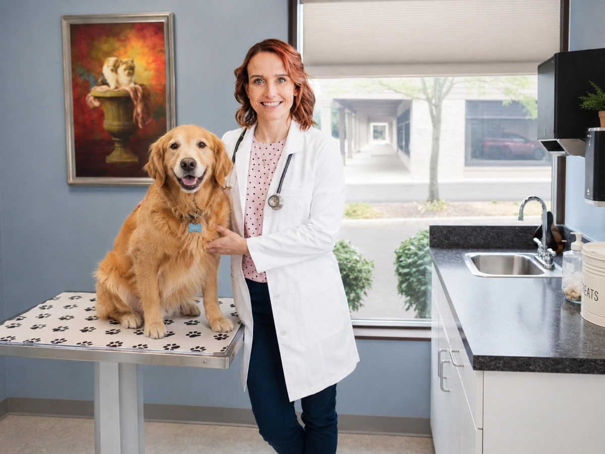 Veterinarian with a golden retriever in an exam room at Muirfield Animal Hospital