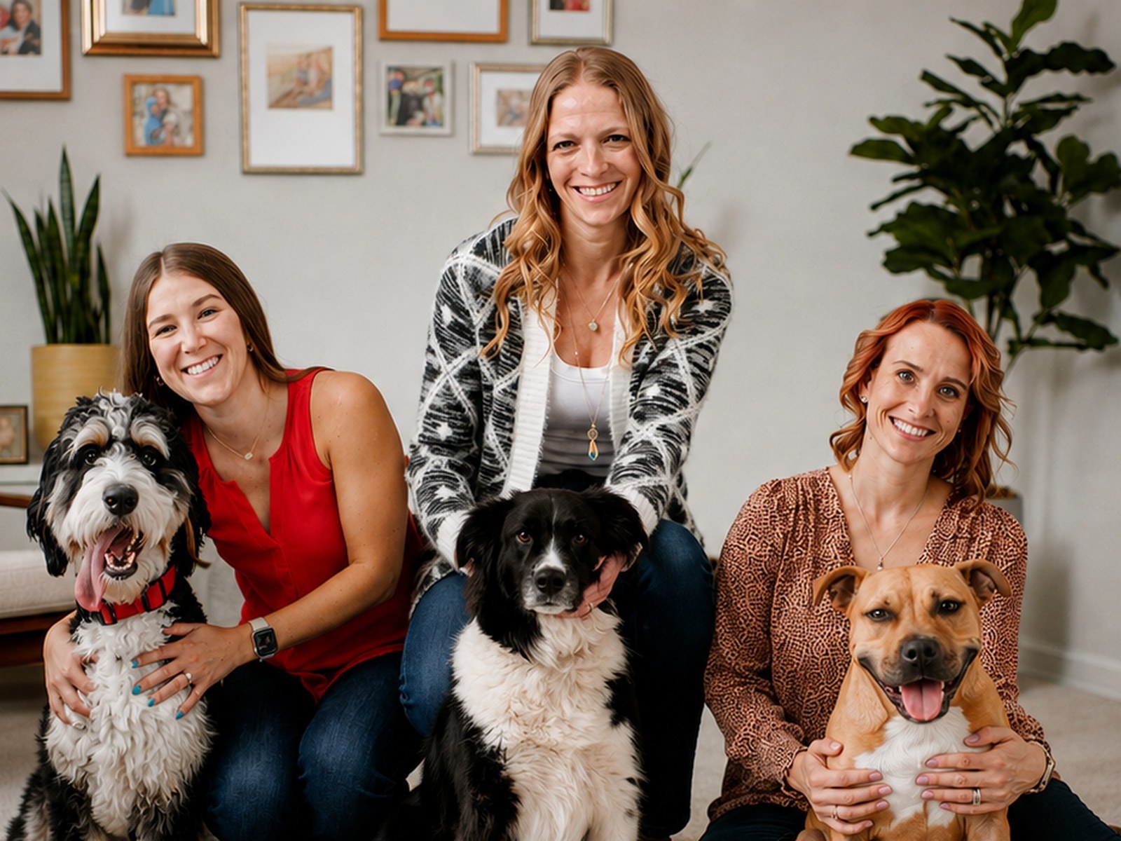 Family petting their dog at home