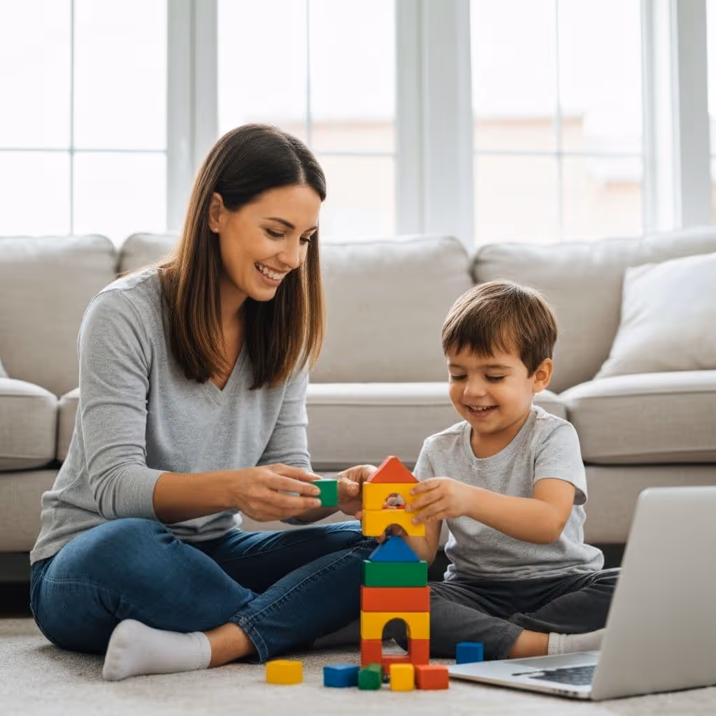 Smiling woman and young boy sitting on the floor building a colorful block tower beside a laptop in a bright living room.