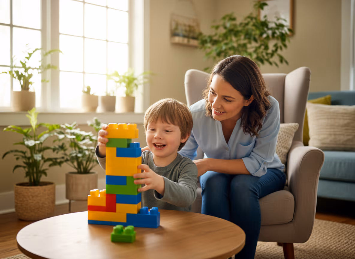 A child happily builds a colorful block tower on a wooden table while a woman watches and smiles.
