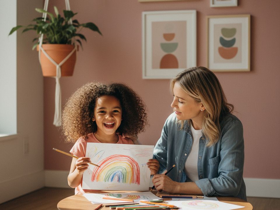 A parent and child working together at home during a virtual ABA session in Illinois