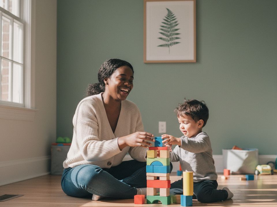 A parent and child working together at home during a virtual ABA session in Iowa
