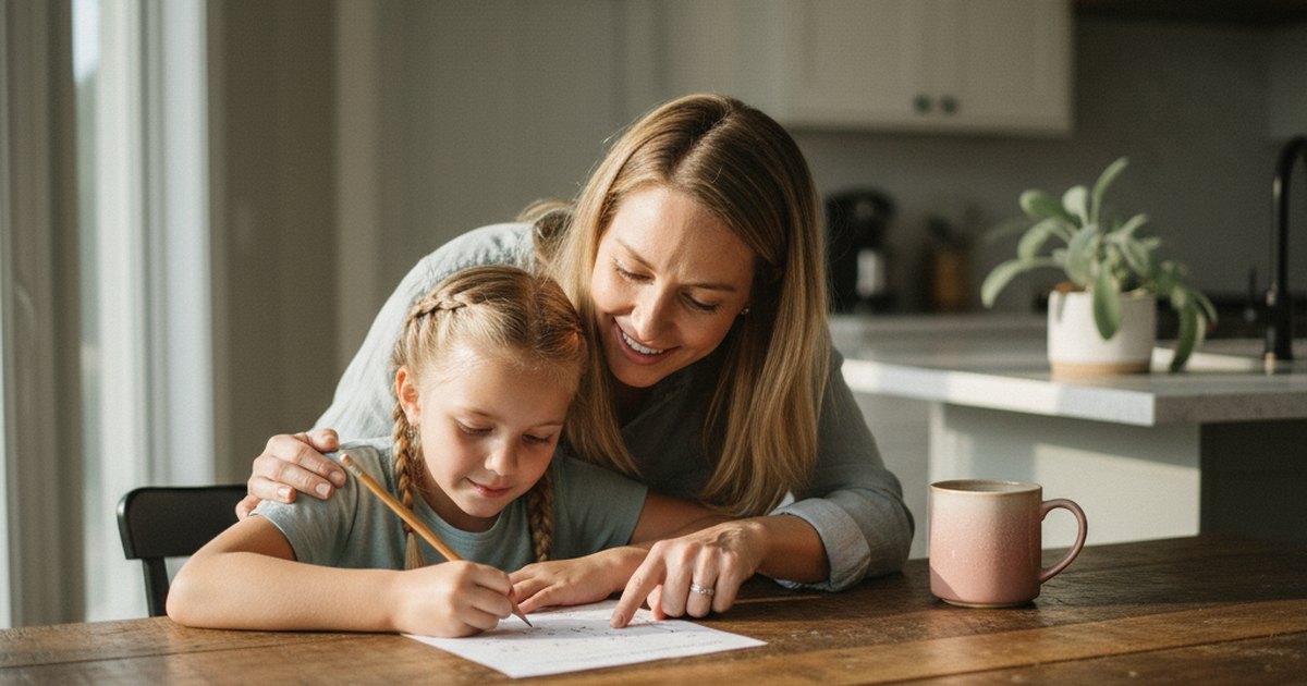 A school-age girl writes at a kitchen table with a pencil while a parent leans in beside her and points at the page