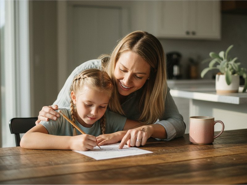 A school-age girl writes at a kitchen table with a pencil while a parent leans in beside her and points at the page