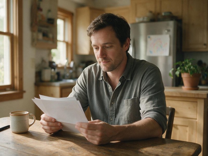 A father sits at a kitchen table in morning light, reading a small stack of printed papers, with a mug and pen beside him