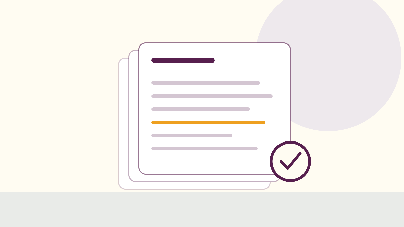 Layered document pages with one line highlighted and a check mark