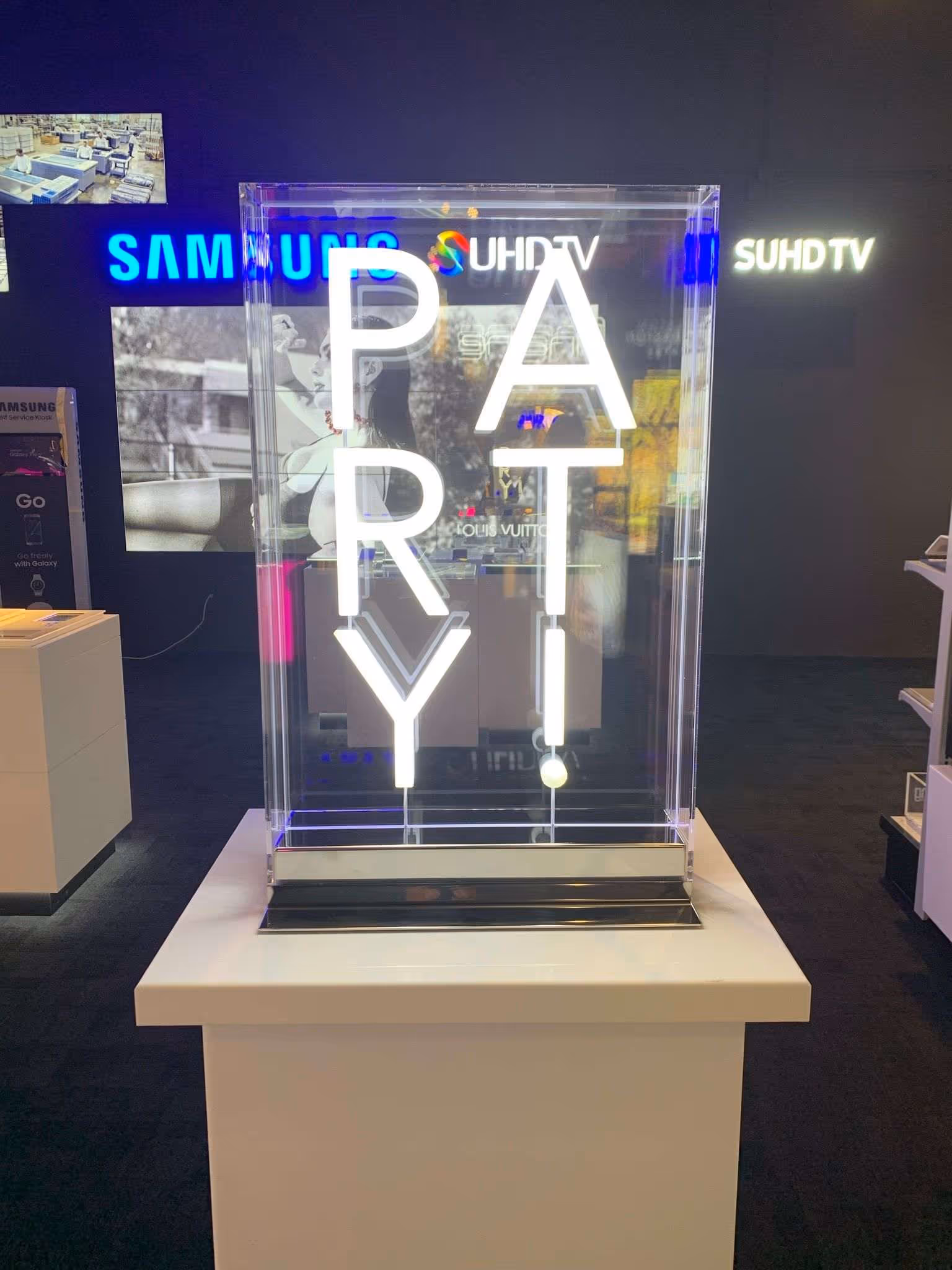 A clear acrylic display spelling PARTY! in two columns.