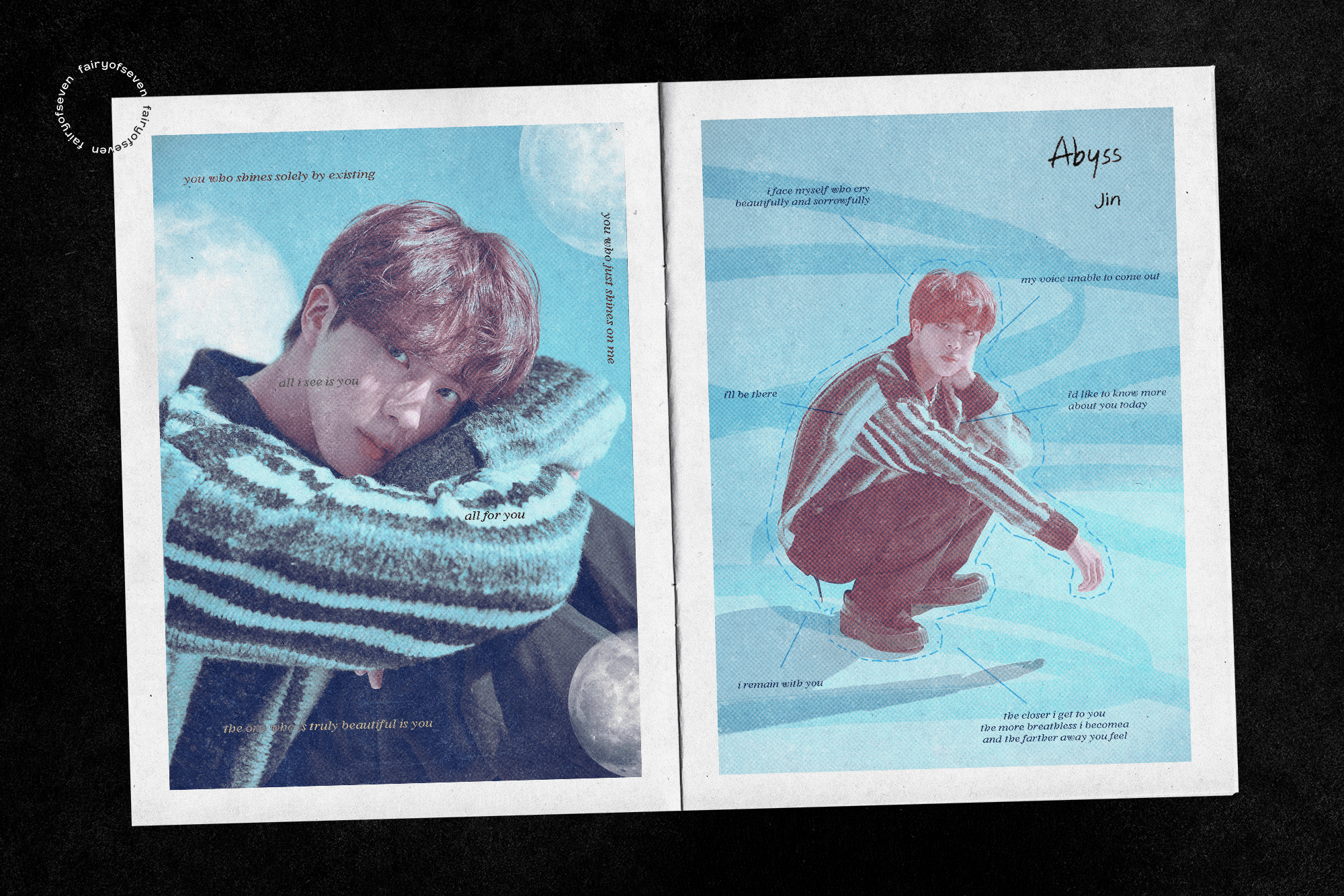Magazine layout on black background of Kim Seokjin from BTS