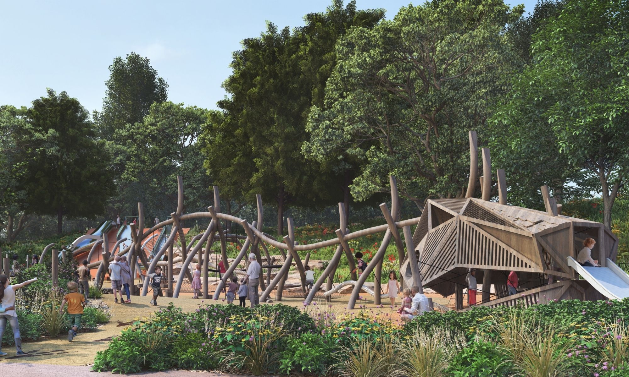 two dinosaur sculptures surrounded by wintry trees