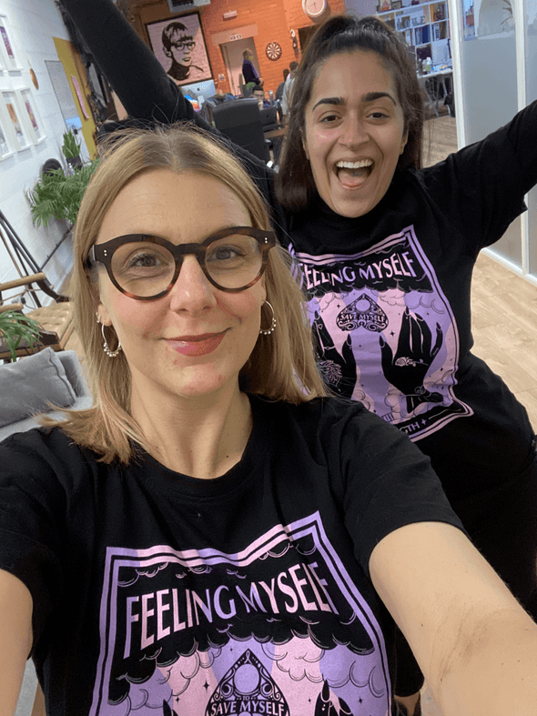 Megan and Kirstie posing in their Bad Monday apparel
