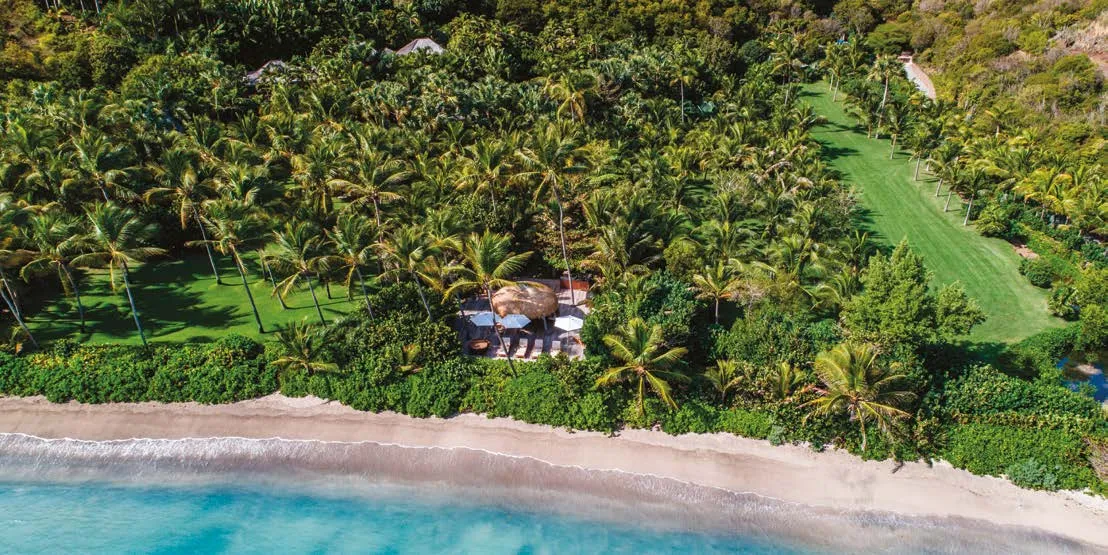 Aerial view of Girasol Estate's coconut palm grove, lawns and a beach cabana along a sandy beach