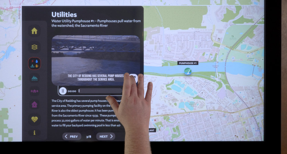 The exhibit presents a stylized view of the links between utility systems and the local watershed.