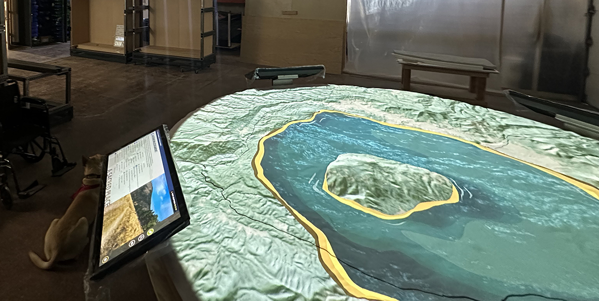 The main exhibit is a carefully constructed relief of the caldera with projection mapped topography and cinematic animations, and has undergone dozens of rounds of user testing to ensure everything works as intended.