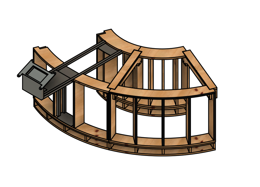 A rendering showing one of the floating screen mounts and the attachment mechanism to the exhibit base.
