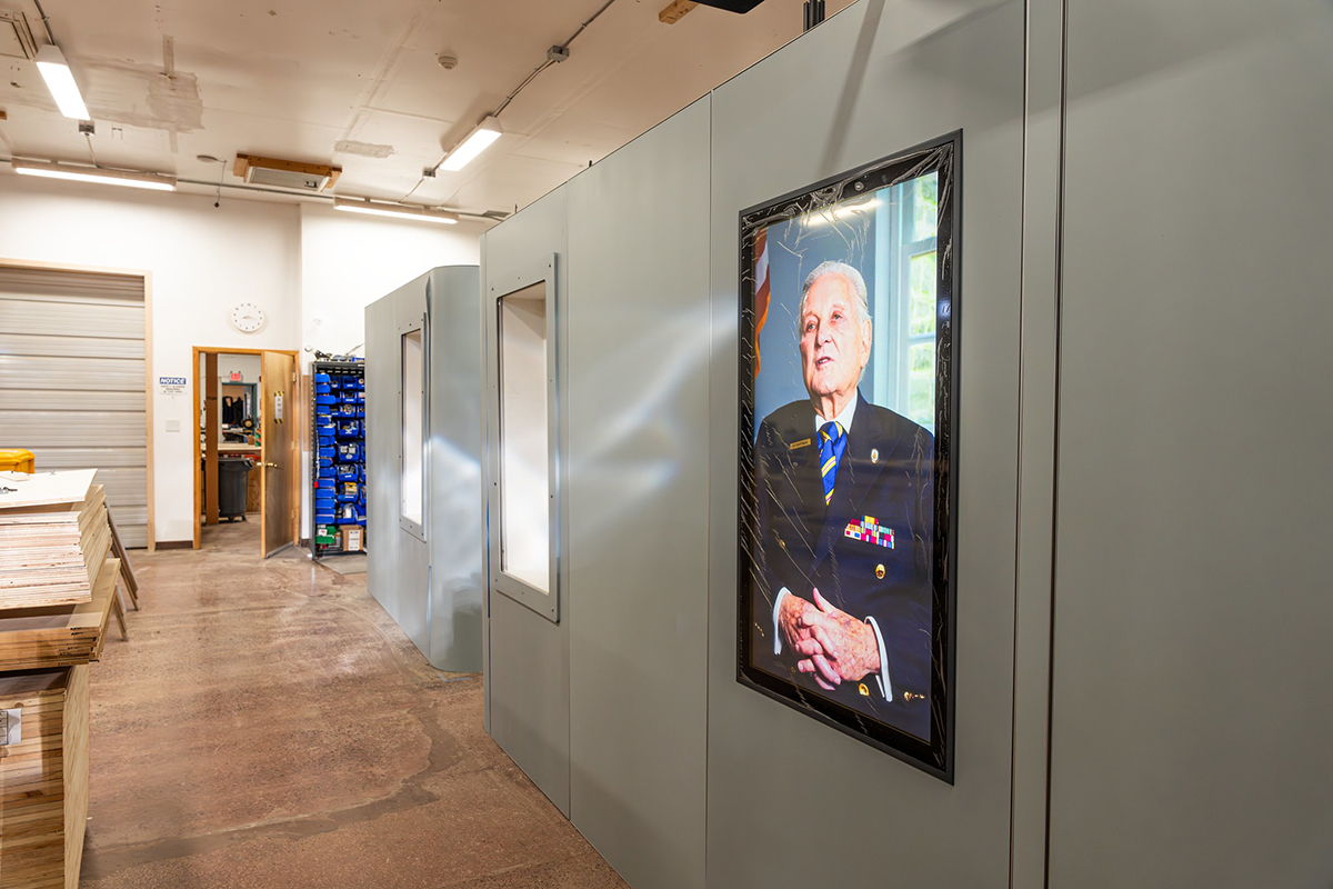 The exhibit walls with an integrated Inline display set up in Ideum’s fabrication studio