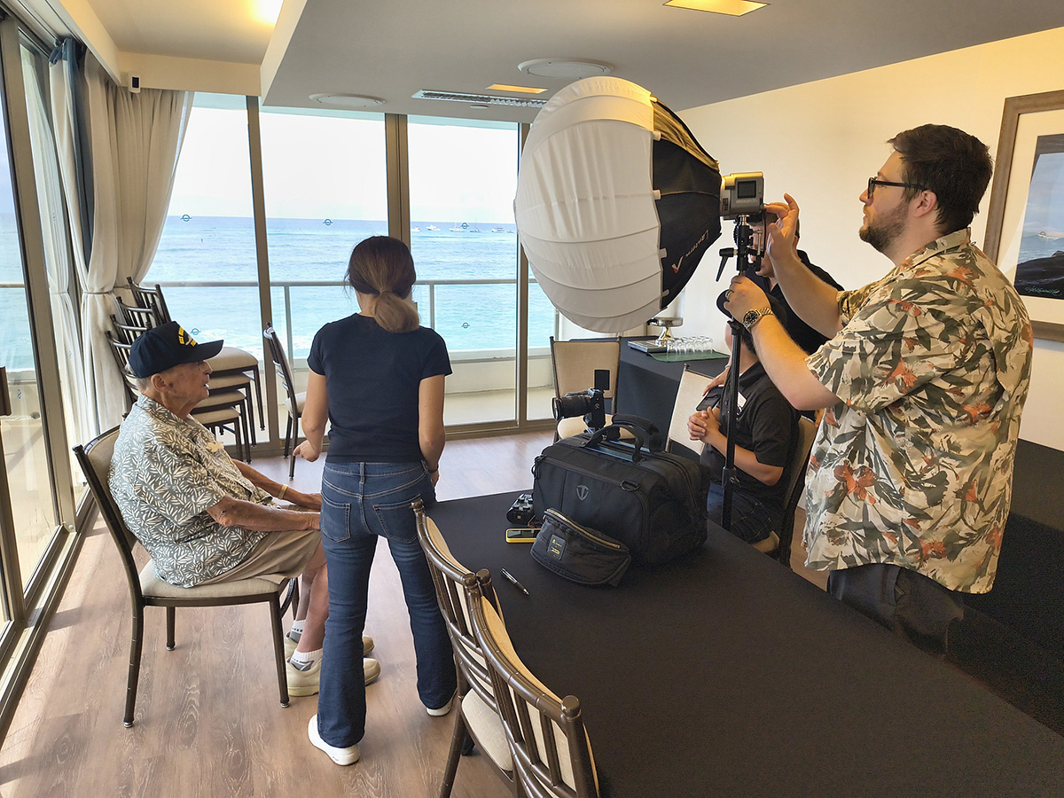 Setting up for a video interview of 100 year old USS Missouri veteran Bob Somrak with the Ideum and Creative Juice team. Mr. Somrak was an eyewitness to the Japanese Surrender 80 years ago.