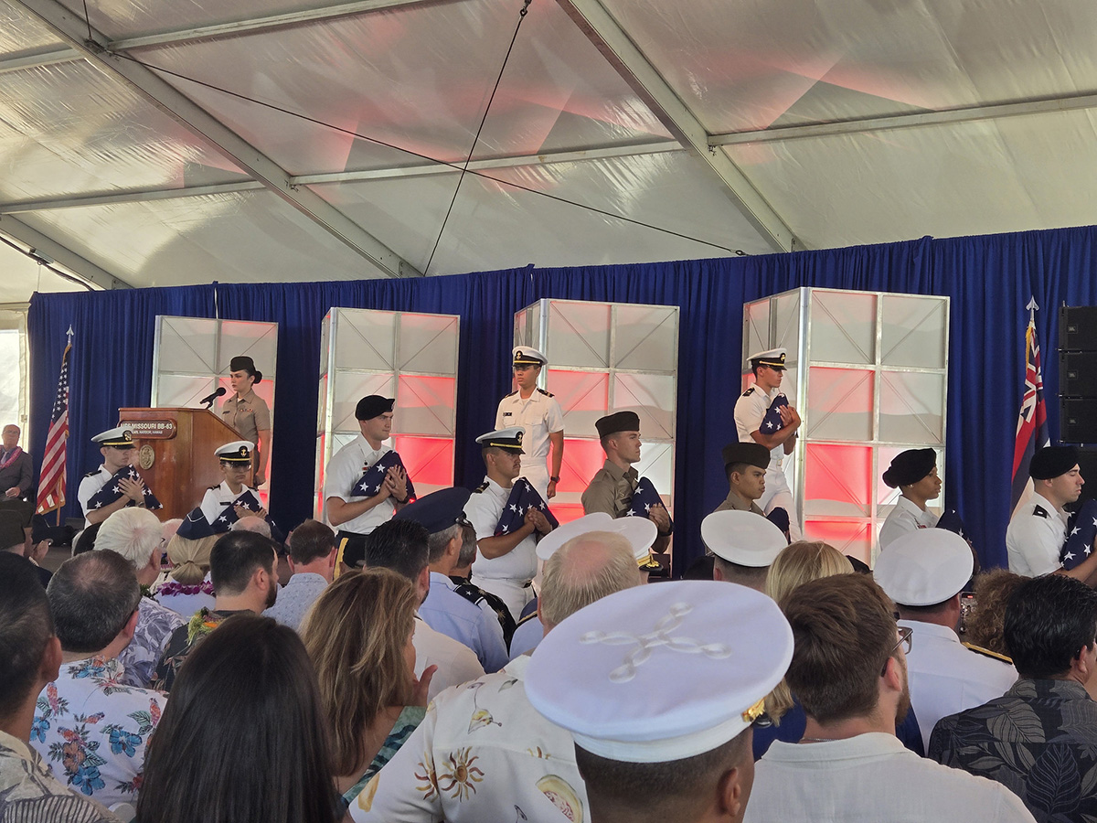 The flag ceremony at the 80th Anniversary of the End of WWII Commemoration at the USS Missouri Memorial on September 2, 2025.