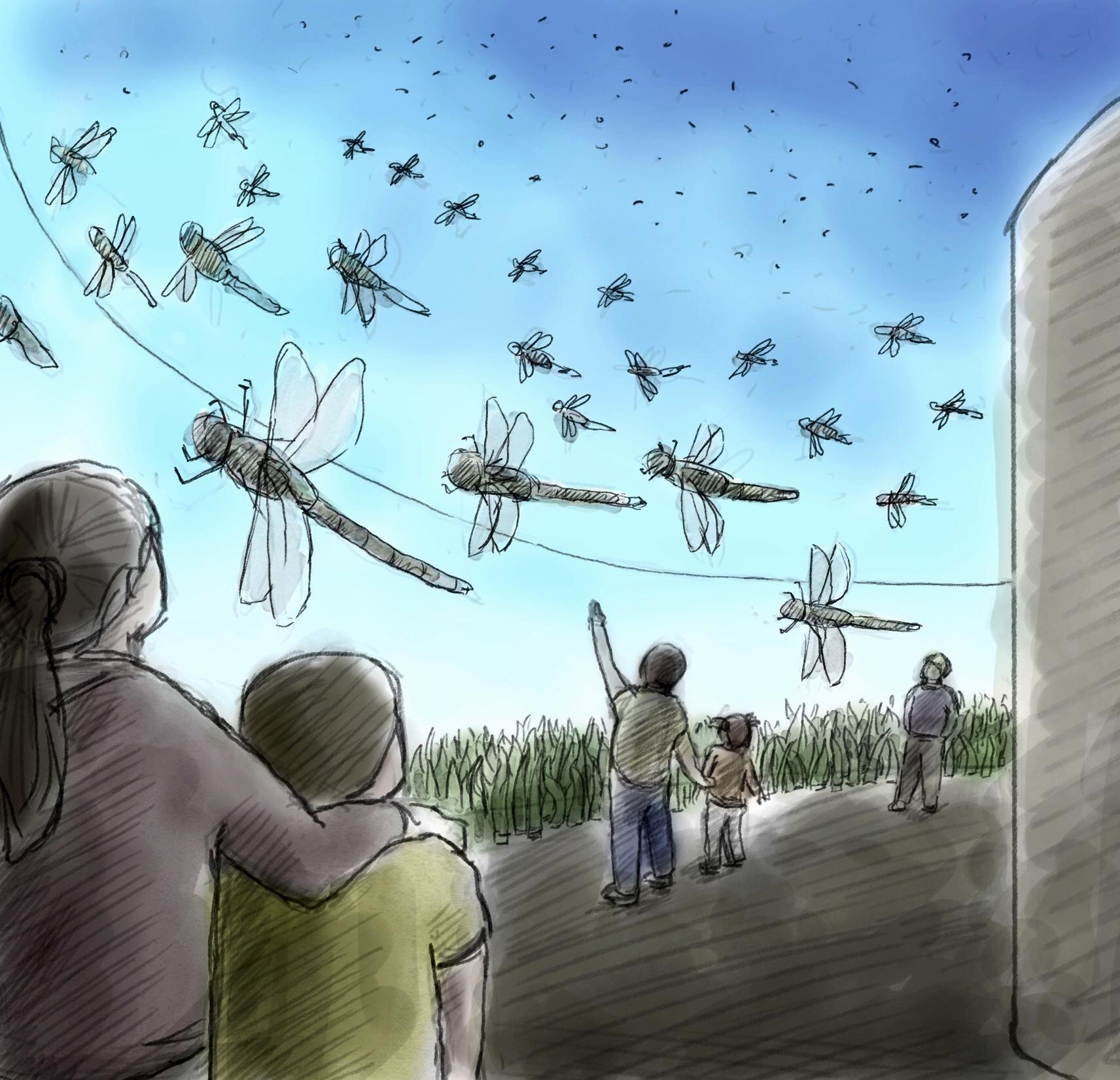 Concept illustration for the Migration Flyover at the San Diego Zoo, immersing visitors in dynamic, projected scenes of insect migration and shifting light.
