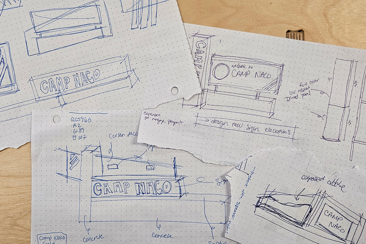 Sketches test different approaches for a Camp Naco arrival sign concept, exploring different form possibilities before graphics are also explored.