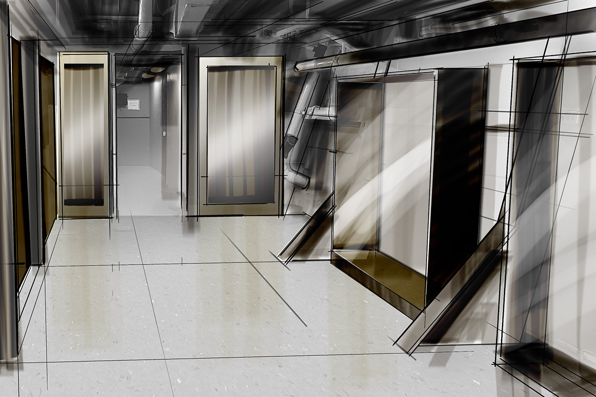 Exploring composition and design intent, this concept sketch maps early possibilities for the USS Missouri’s “Pathway to Peace” exhibit.