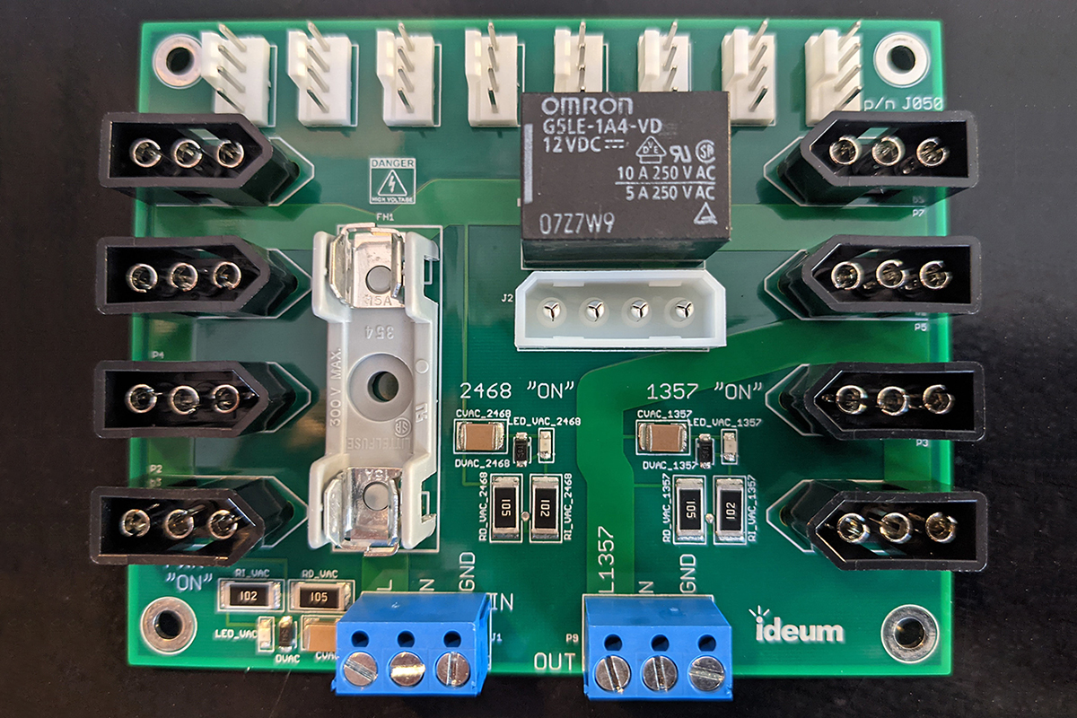 Our custom power board distributes AC power to the PCs we build for our touch tables and interactive displays. 