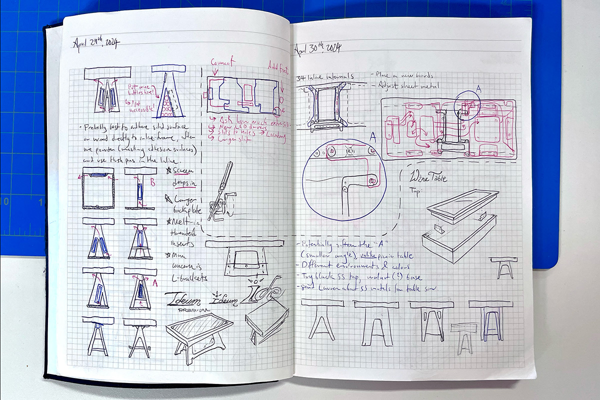 Sketchbook page spread showing form exploration for Ideum’s Tasting Table. 