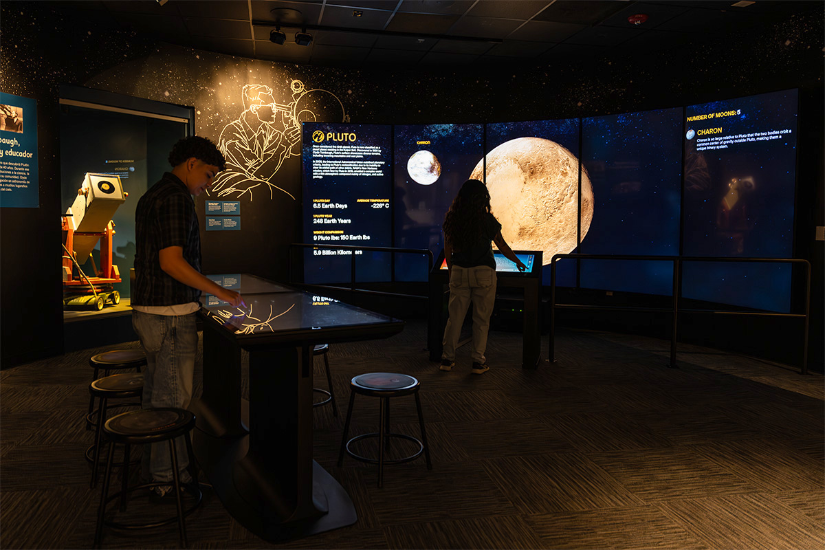 The space exploration hall features the Journey to Pluto and Stellar Playground exhibits.