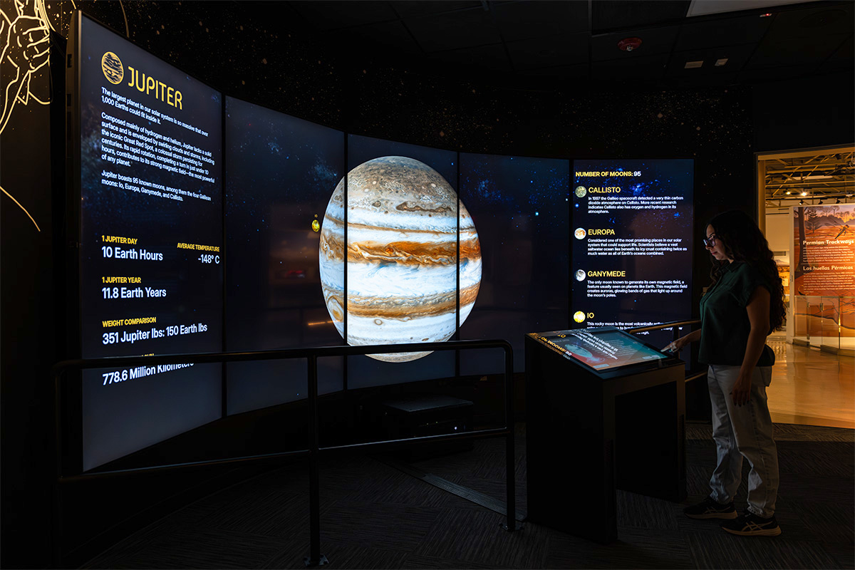 Visitor explores a high-resolution 3D model of Jupiter. 