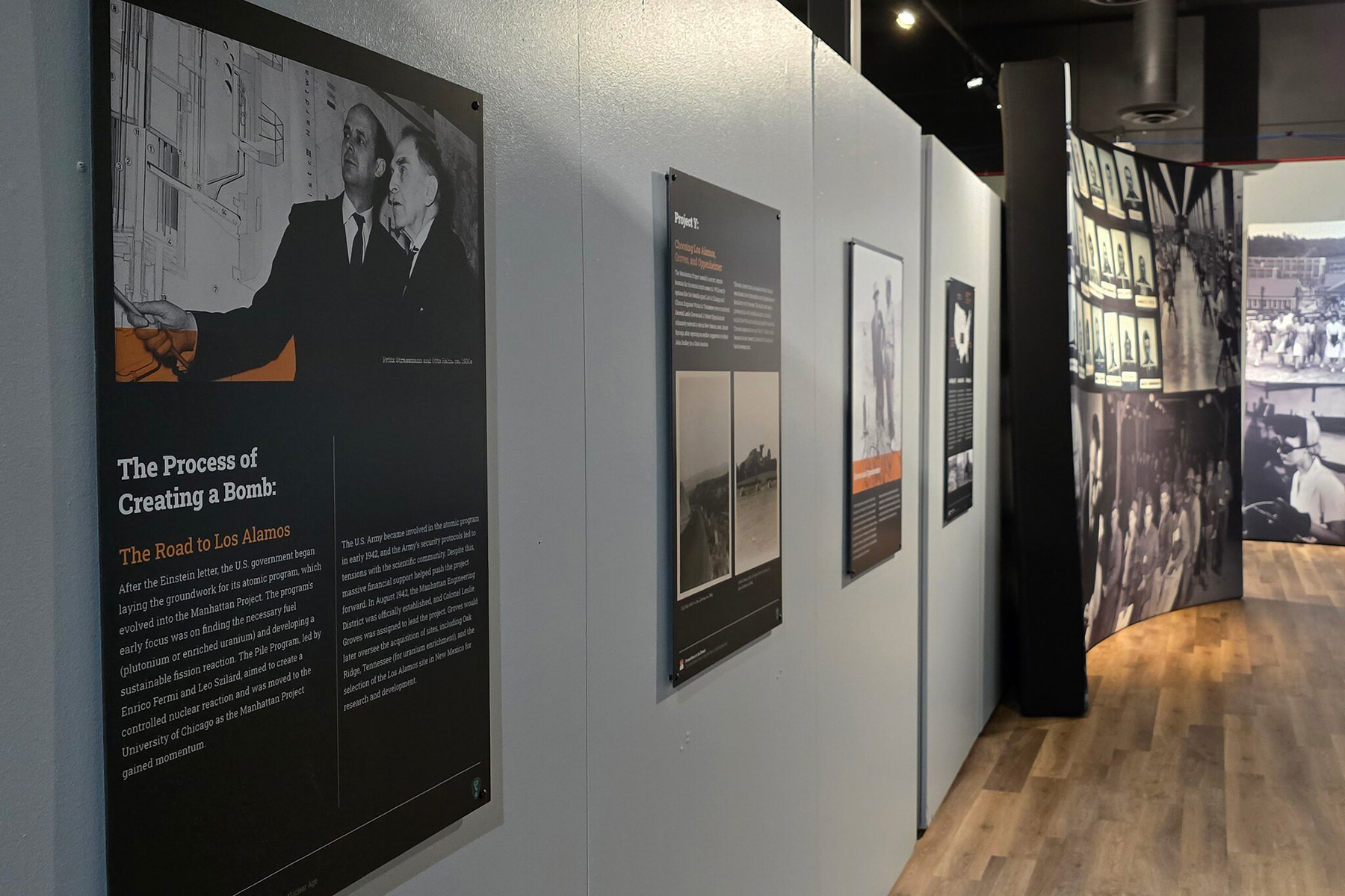 A 65” Platform II hosts the timeline, and is connected to a wall-mounted display which mirrors the content for all visitors to see.