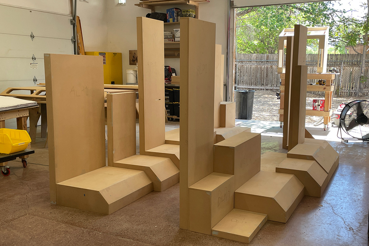 Progress picture of the interior elements of the cabinets.