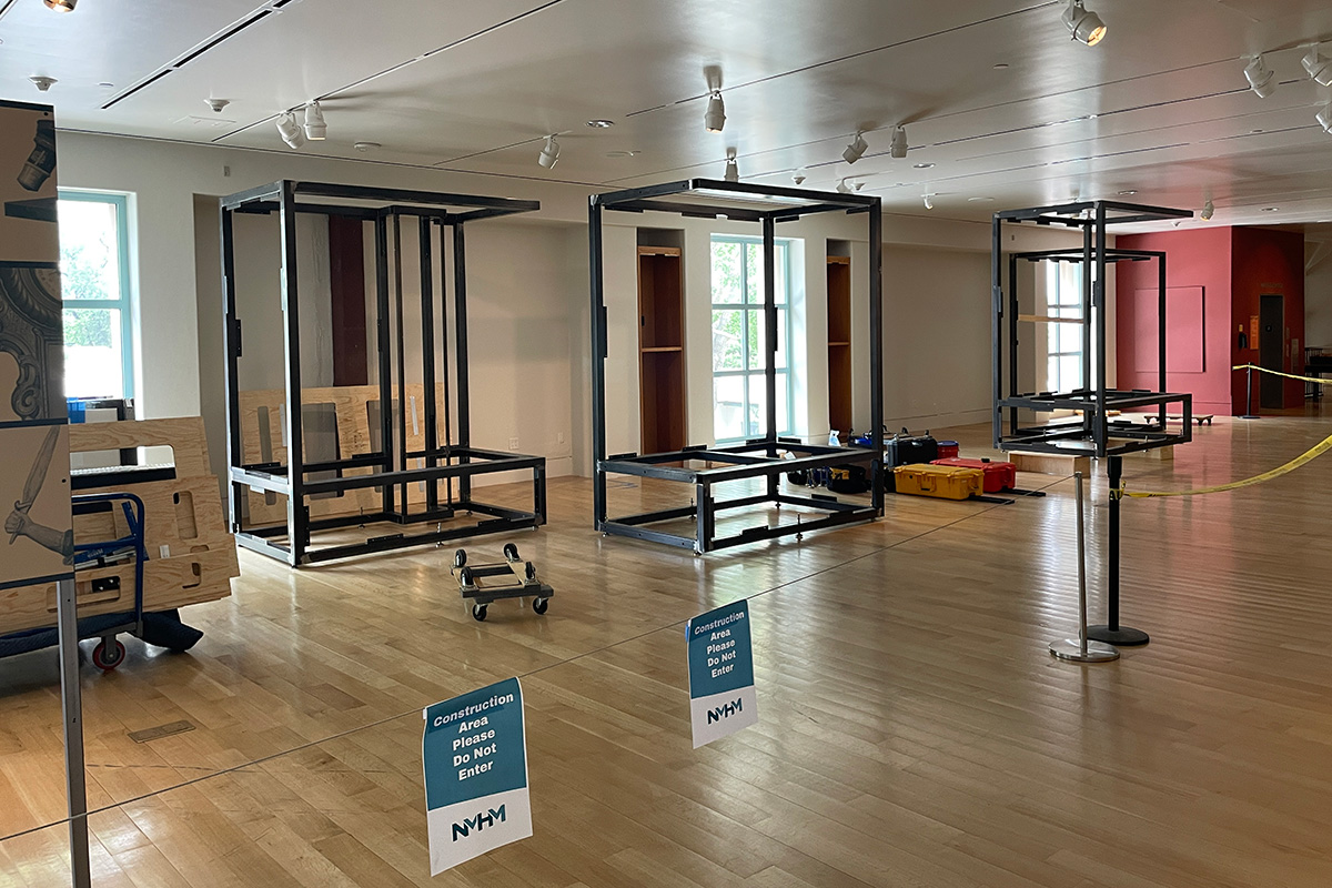 The modular pieces of the steel frame onsite prior to installation.