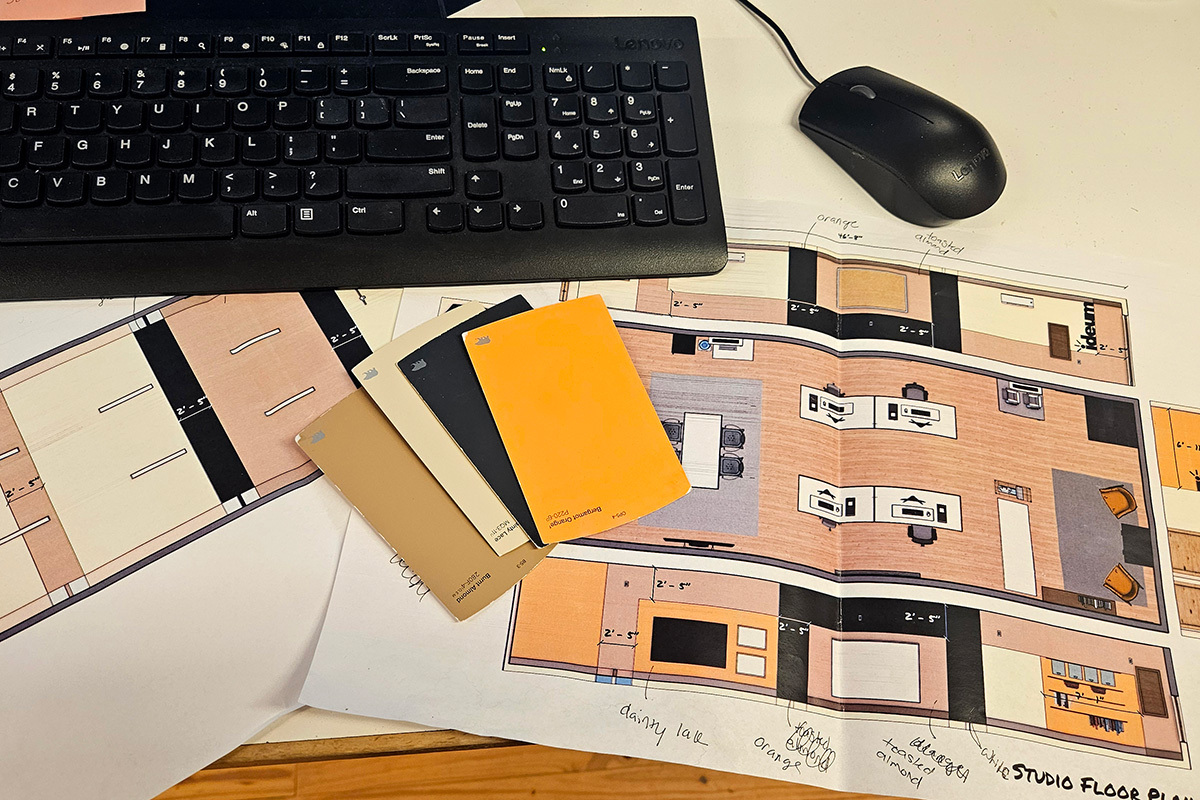 The plan for the studio’s vibrant and material-inspired palette, including Ideum orange, beige, and brown tones to tie the space together.