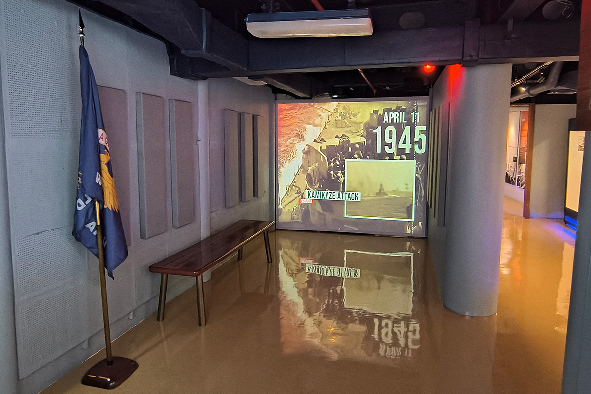 The exhibit opens with a large-scale projection that highlights significant events during the USS Missouri’s journey. 