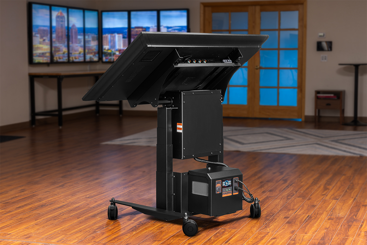 The motorized stand includes all the same features as the existing model - locking casters, vertical lift, and horizontal tilt - in addition to the rechargeable battery on the rear. 